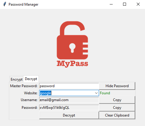 Password Manager decryption tab UI without values